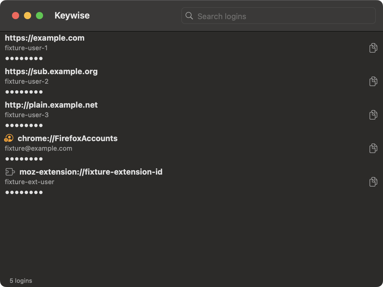 The macOS app listing the same five logins, each with a copy button, and icons marking the Firefox Accounts row and the extension row