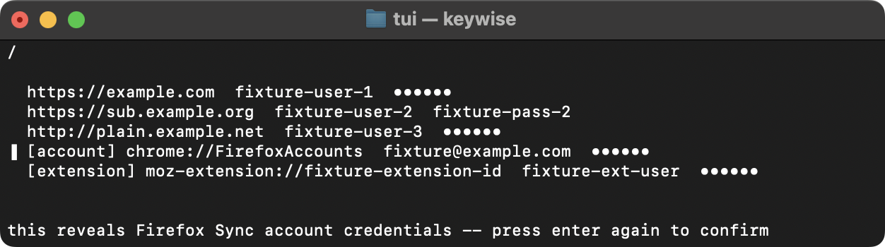 The terminal UI listing five logins with masked passwords, one revealed, and the confirmation prompt on the Firefox Accounts row