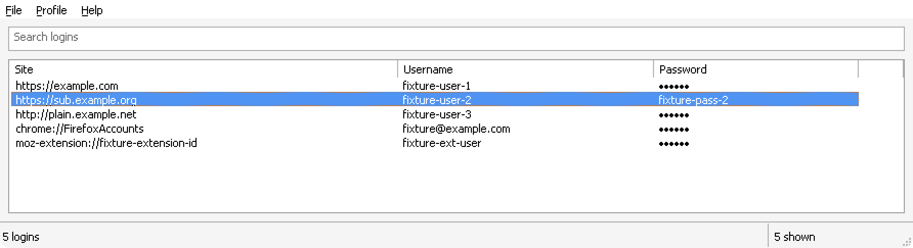 The Windows app listing the same five logins in a report-view list, with the second row selected and its password revealed, and the status bar showing the login count